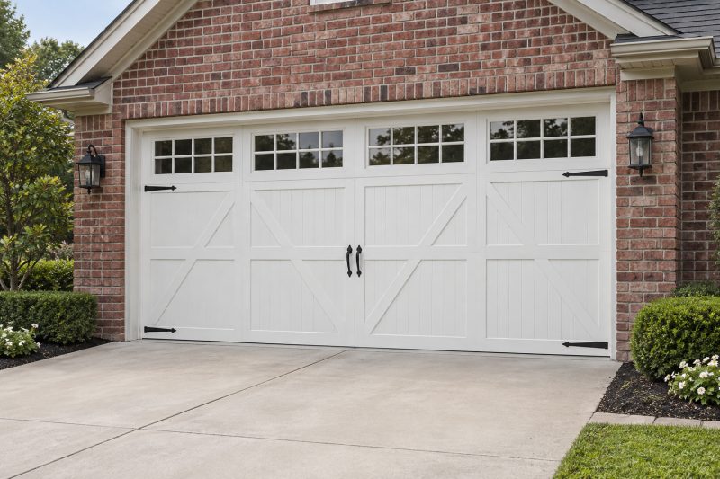 Illustration of a white carriage-style garage door with windows and black hardware