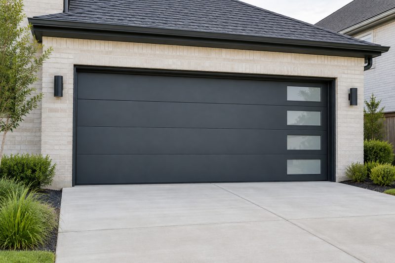 Illustration of a charcoal sectional garage door with vertical accent windows