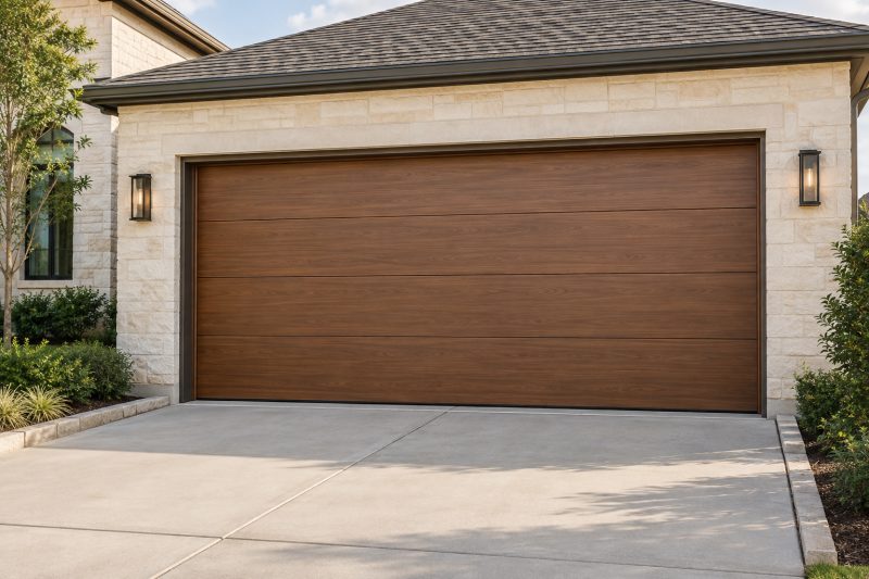 Illustration of a walnut wood-look sectional garage door on a limestone home