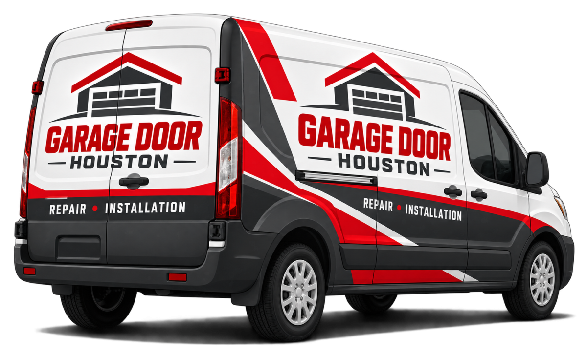 Garage Door Houston branded service van illustration in red, white and charcoal